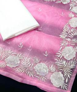 Sari de Seda Georgette Estampado Contemporáneo con Tejido para Mujer, Estilo Moderno de la Ropa Tradicional India para Fiestas - Product Image 5