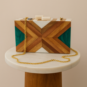 Pochette de soirée de luxe faite à la main en bois et résine, durable et écologique, avec incrustation géométrique à pois, sac à bandoulière avec chaîne, logo personnalisé - Product Image 4