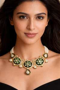 Wholesale Gold Plated Pearl Choker Necklaces Set, Green Meenakari Kundan <b>Jewelry</b> Set, Fashion <b>Jewelry</b>, Indian Bridal <b>Jewelry</b> Set - Product Image 3