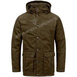 Veste de chasse avec capuche en tissu 100% coton ciré, boutons et fermeture à glissière, poches avant à l'intérieur de la doublure matelassée en polyester - Product Image 1