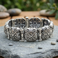 NUSRET Bracelet/Bracelet jonc ethnique en argent sterling 925 avec motif ajouré, design carré bombé, bracelet fin 45,56g 19,5cm