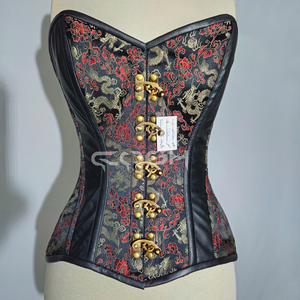 Red Dragon Brocade Overbust Waist Slimming Bustier <b>Corset</b> With leather Panels & Front Antique Clasp Closure - Product Image 4