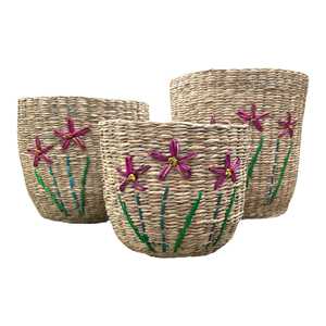 Panier de paille artisanal de nouvelle conception de tendance chaude avec le panier de jonc de mer naturel élégant de broderie florale fabriqué au Vietnam - Product Image 5