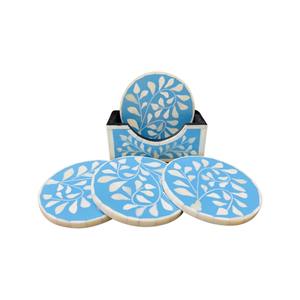 Ensemble de sous-verres ronds en noyer avec incrustation d'os artisanale avec support Tapis de boisson décoratifs à motif de feuilles bleues et blanches - Product Image 4