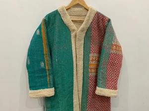 Antique Kantha fausse fourrure veste Long gilet fourrure Kantha veste à l'intérieur fourrure doublure coton femmes manteau confortable manteau - Product Image 2