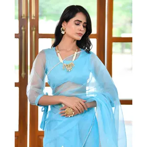 Whale Blue Organza Embroidered Saree Free Size - Product Image 5