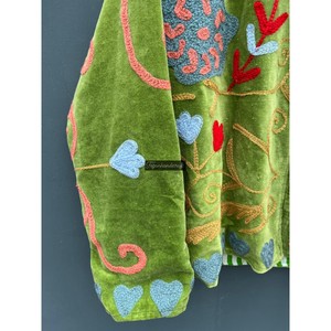 Unisex Green Velvet Suzani Fabric Jacket with Flowers Embroidery Cotton Winter <b>Coat</b> Lining Women's Party Wear - Product Image 3