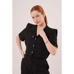 Conjunto de Dos Piezas para Mujer Lustrin: Blusa Negra con Bolsillos y Botones y Pantalones con Detalle en la Rodilla - Mezcla de Poliéster y Viscosa, Estilo Casual - Product Image 5