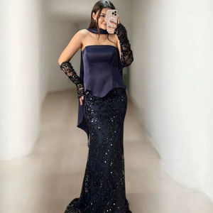 Vestido de Noche de Lentejuelas de Alta Calidad, Corte Sirena, Manga Larga, Vestido Formal de Fiesta, Color Borgoña, Crema, Azul Marino, Tallas 36 38 40 42 - Product Image 1