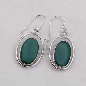 Malachite <b>Earrings</b>, <b>Sterling</b> <b>Silver</b> <b>Dangle</b> <b>Earrings</b>, Handmade Oval Jewelry - Product Image 3