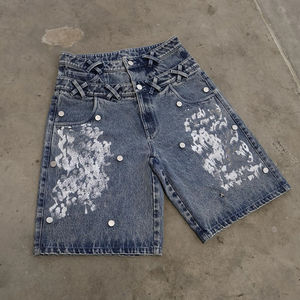 Pantalones Cortos Cargo Vaqueros Vintage Personalizados para Hombre, Cintura Media, Bordado, Cierre de Cremallera con Cristales, Estilo Desgastado, Pedrería 3D, Servicio OEM - Product Image 2