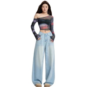 กางเกงยีนส์ขาตรงสำหรับผู้หญิงคุณภาพสูงกางเกงขากว้างแบบลำลองทรงหลวมระบายอากาศซักได้สำหรับสตรีทแวร์ปาร์ตี้ - Product Image 1