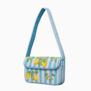 Bolso de hombro de lujo hecho a mano con estampado de limones y cuentas para mujer, bolso tipo baguette con solapa a rayas azul claro para vacaciones de verano. - Product Image 4