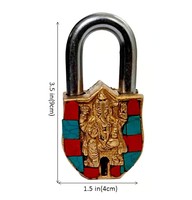Cadenas en laiton Ganesha Design Style antique avec pierres précieuses colorées Serrure décorative à collectionner artisanale pour l'usage du temple à la maison