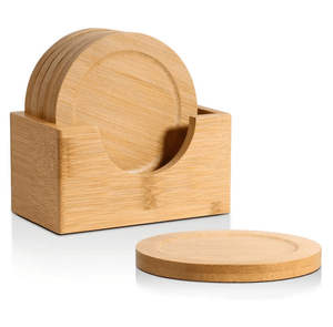 Juego de 6 posavasos de madera con soporte Acabado brillante Patrón cuadrado de estilo clásico para uso en la Mesa - Product Image 2