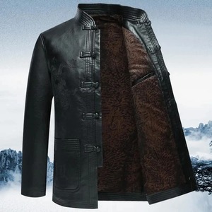 PU Leather <b>Jacket</b> Tang Suit <b>Men</b> Plus <b>Velvet</b> Thick Loose Cotton Coat Winter Stand Collar Casual Disc Buckle Outerwear - Product Image 5