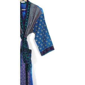 Indian Maxi Gown Vintage <b>Silk</b> Saree <b>Kimono</b> Dress Floral Bathrobe Elegant Soft Sleepwear Knee Length Handmade for Spring/Summer - Product Image 5