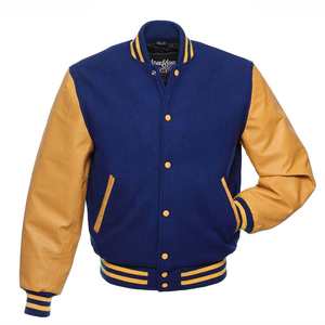 Men Royal Blue Melton <b>Wool</b> and Light <b>Gold</b> Leather Varsity Letterman Jacket - Product Image 3
