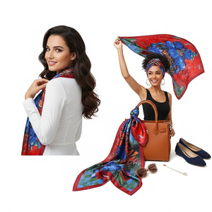 Écharpe en <span class=keywords><strong>soie</strong></span> carrée de 90 cm pour femmes, imprimé artistique rouge et bleu, pour envelopper les cheveux et décorer les sacs de luxe - Product Image 1