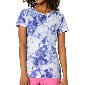 Camiseta de punto con cuello redondo y manga corta, estilo tie-dye, 100% poliéster, con logo personalizado para mujer, precio competitivo 2026 - Product Image 1