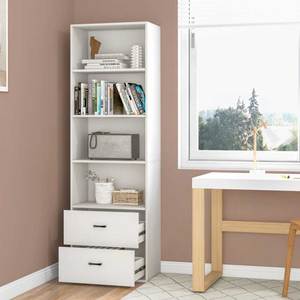 Étagère pliable en bois de caoutchouc 60x32x190cm avec tiroirs, style minimaliste pour la maison, le bureau, l'atelier, le salon, la chambre, l'escalier - KS68249 - Product Image 3