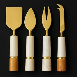 Juego de utensilios contemporáneos para servir queso de acero inoxidable con mango de hoja de latón - Product Image 3