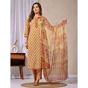 Ensemble ethnique Kurta et pantalon en coton imprimé au bloc Mehendi avec bandana - Product Image 5