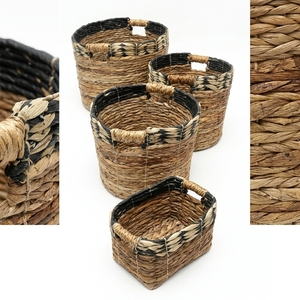 Natural Banana Bark Recycled <b>Plastic</b> Storage <b>Basket</b> Set Black Braided Rim Cutout Handle Pot Planter Organizer Setup Pure Art - Product Image 2