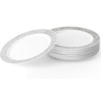 Assiettes en plastique réutilisables classiques argentées à bordure en dentelle gaufrée, assiettes rondes jetables pour la décoration de table de mariage, de fête ou de banquet