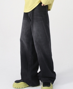 กางเกงยีนส์ขาบานสำหรับผู้ชายขาบานตรงผ้าฝ้ายฟอกสี100% สีฟ้าเข้ม - Product Image 5