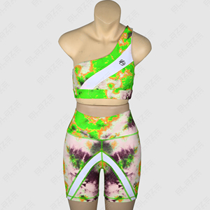 Wholesale Young Girl's Sexy One-Shoulder Yogawear Custom Logo Print Yoga Top & Cotton <b>Booty</b> Shorts with Solid Pattern - Product Image 3