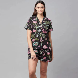 Conjunto de Pijama de Algodón con Estampado Floral Otoñal para Mujer, Cuello en V, Manga Corta, Cierre de Botones, Ropa de Dormir Informal con Bolsillos, Suave y Transpirable - Product Image 1