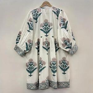 Haute qualité femmes robe mi-longue bohème coton Floral main bloc imprimer ample parfait été décontracté tunique courte cadeau parfait - Product Image 4