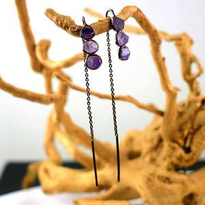 Natural Rough Amethyst <b>Earrings</b> Sterling Silver Gold Plated Gemstone Drop Dangle <b>Chain</b> Jewelry February Birthstone Gift - Product Image 4