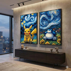 Van Gogh Inspired Pikachu and Snorlax <b>Poster</b> in <b>Black</b> <b>Frame</b> - Product Image 1