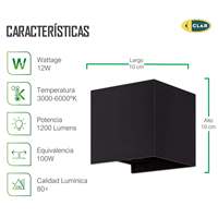 Lámpara de Pared Exterior Cuadrada LED de Aluminio Impermeable CCT Negra de 12 W, Iluminación Duradera y Elegante para Uso en Jardines