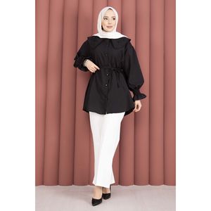 Túnica Negra de Popelina con Cuello Bordado, Diseño Floral de Encaje, Cintura con Cordón Ajustable, Corte Holgado, Talla XL, para Oficina, Primavera/Otoño, Rayón - Product Image 3
