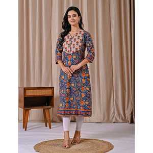 Kurti Recto de Algodón Estampado con Bloques Blue Jaal, Vestido Largo Elegante e Informal, Natural y Transpirable, ODM para el Día de San Valentín - Product Image 4