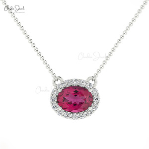 Venta al por mayor 14K oro sólido Halo collar diamante circundante Rosa turmalina piedra preciosa 7x5mm corte fino fiesta de compromiso de las mujeres - Product Image 4