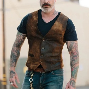 Gilet d'hiver rétro en cuir véritable et toile pour homme, veste décontractée à simple boutonnage, coupe ajustée pour costumes et tenues professionnelles - Product Image 6