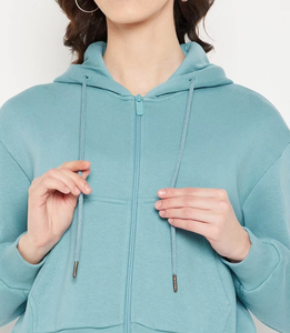 Sweat à capuche zippé décontracté pour femme Sweat à capuche à manches longues de couleur unie - Product Image 3