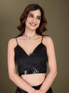 Trendmalls Sari en Georgette Brodé pour Femme avec Pièce de Blouse Non Cousue (K1009) Noir Style Fête pour Été Hiver Mariage - Product Image 5