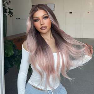 Galinda-DWY for Ombre Pink <b>Brown</b> Tresses Wavy Synthetic <b>Wig</b> Transparent Front 136 Free Part Front Free Part Ombre Pink <b>Brown</b> - Product Image 1