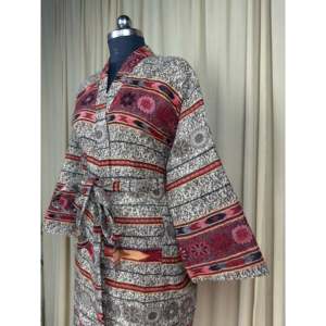 Bata Kimono de Lana de Yak para Mujer, Cálida y Acogedora para Invierno, con Rayas Beige, Cárdigan, Abrigo de Casa con Bolsillos Originales, Ropa de Estar Romántica - Product Image 6