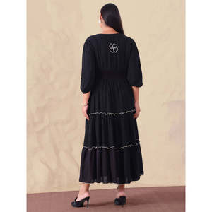 Deebaco Women's Plus Size Black Embroidered Maxi <b>Dress</b> V-Neck Tiered A-Line Bohemian Style Three Quarter Sleeve Ankle-Length - Product Image 4
