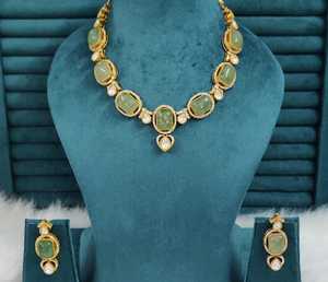 ชุดสร้อยคอทองเหลืองลายโพลกีและหินโมนาลิซ่าสำหรับผู้หญิง เหมาะสำหรับงานแต่งงาน งานปาร์ตี้ สร้อยคอหรูหราพร้อมต่างหูสวยงาม - Product Image 3