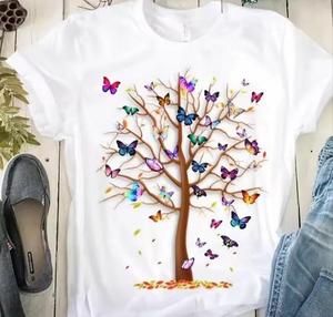 T-shirt à épaules tombantes tendance avec motif papillon et arbre, couleur unie, style Harajuku années 90, ensemble haut à capuche pour filles, 100% coton - Product Image 1