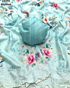 Dernier sari en soie pure tussar avec motif floral lourd coupe travail bordure brodée chemisier assorti imprimé numérique pour les fêtes - Product Image 3