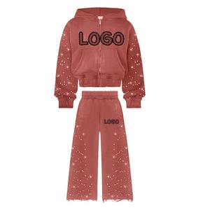 Custom High Quality Cotton Tracksuit Rhinestone Distressed <b>Men</b> <b>Crop</b> <b>Top</b> Zipper Hoodies Sweat Set Washed 2 Piece Set For <b>Men</b> - Product Image 6
