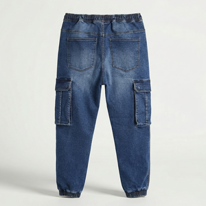 Pantalones Cargo de Mezclilla Azul para Hombre, Cintura Elástica, Corte Jogger, Bolsillos Laterales, Estilo Casual, Lavado, Color Sólido, Verano-Otoño, Lavables - Product Image 2